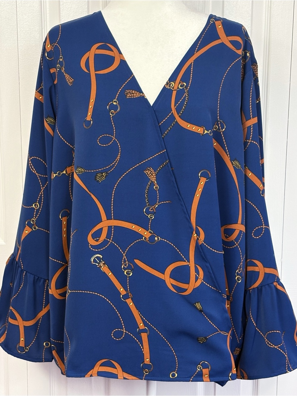 NWT Iman Blue & Brown Equestrian Bridle Chain Print Bell Sleeve Wrap Top 3X